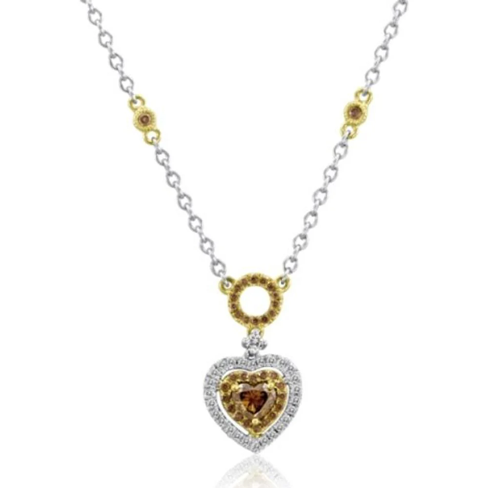 Roman & Jules - 14K White & Yellow Gold Heart Pendant Necklace with Champagne and White Diamonds - 1.45 Carat Total Diamond Weight