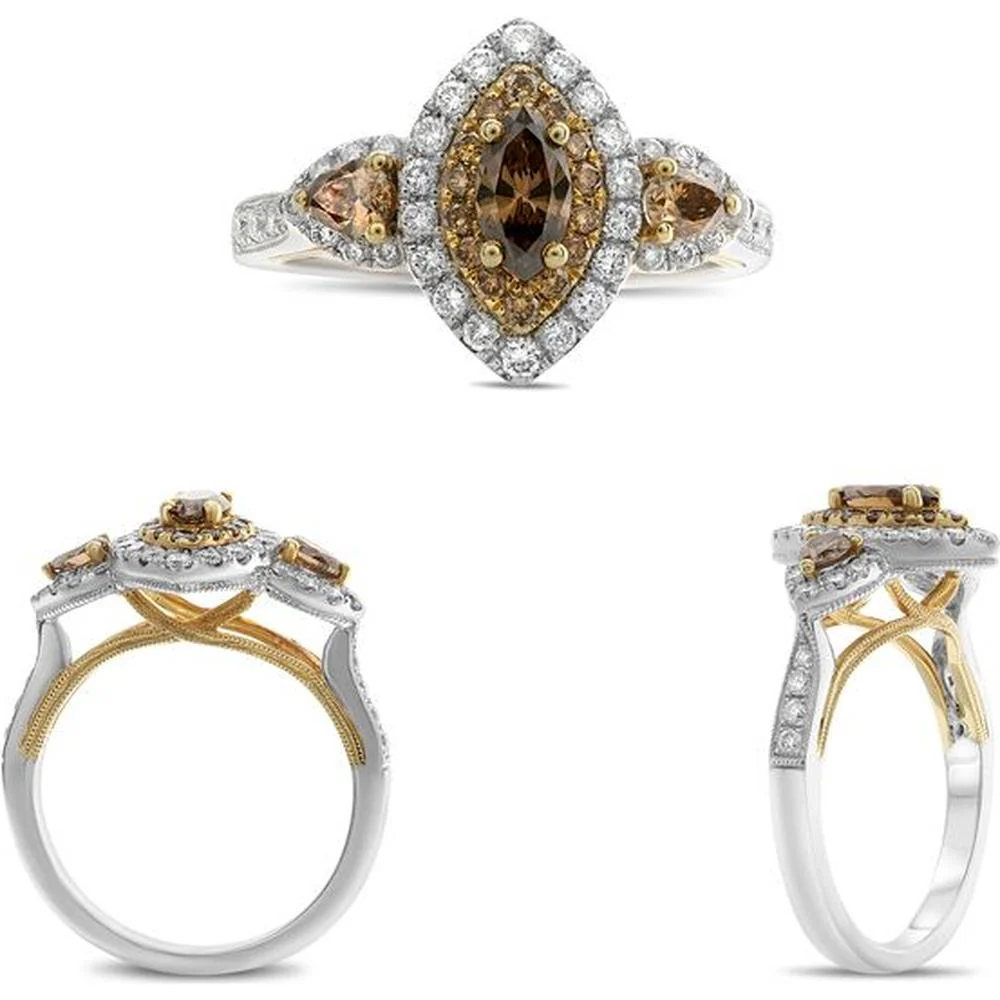 Roman & Jules - 14K White and Yellow Gold Marquise Champagne Diamond Halo Ring - 1.23 Carat Total Diamond Weight