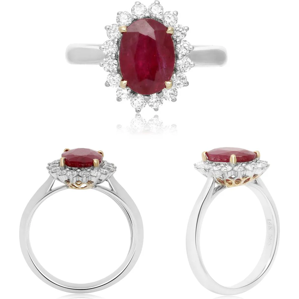Roman & Jules - 14K White and Yellow Gold Oval Ruby Ring with Halo of Round Diamonds - 2.28 Carat Total Ruby Weight
