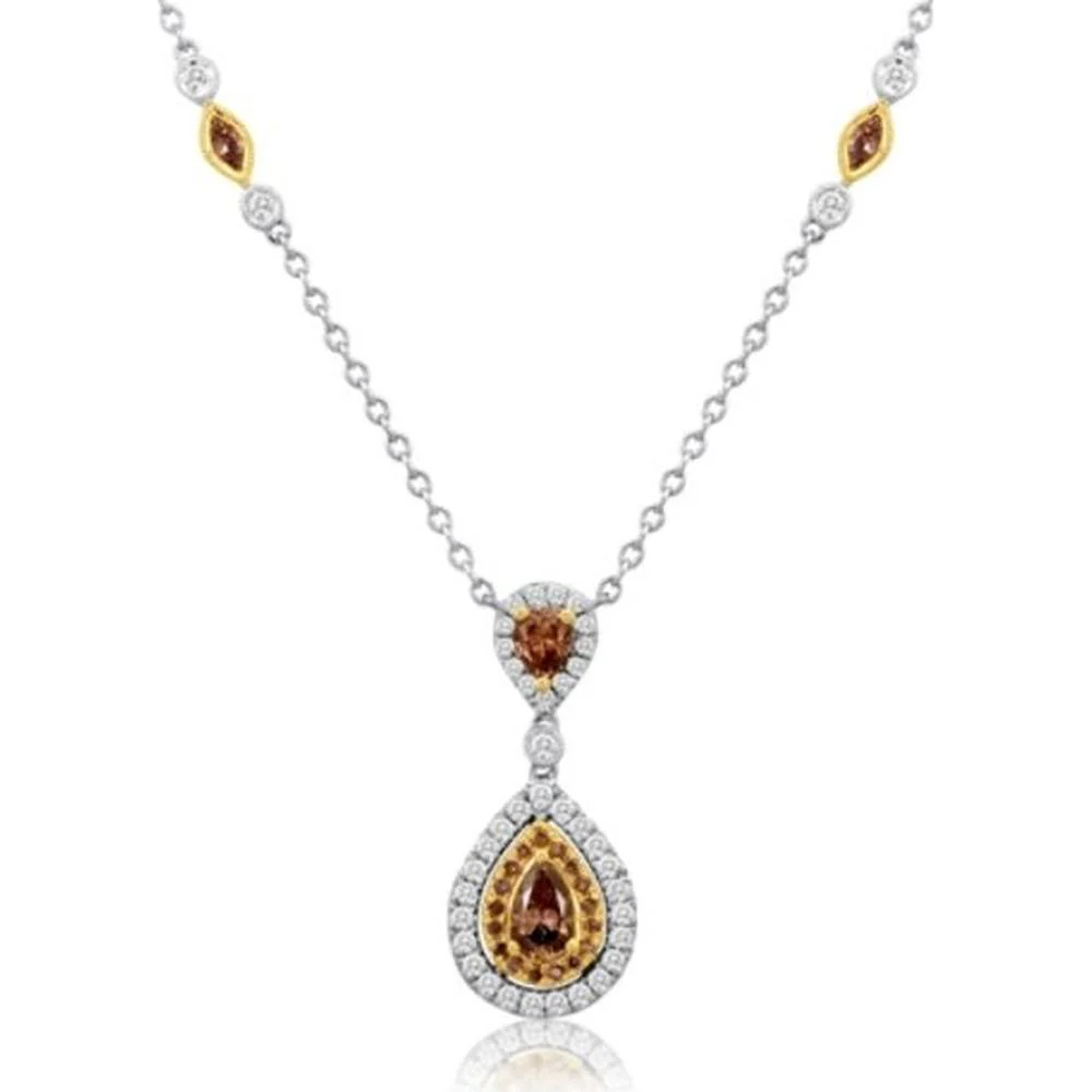 Roman & Jules - 14K White and Yellow Gold Pear Shaped Champagne Diamond Necklace with Round Diamond Halo - 1.01 Carat Total Diamond Weight
