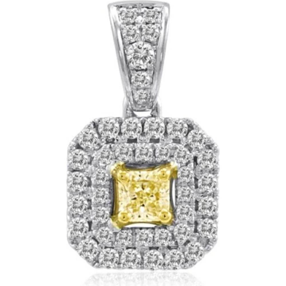 Roman & Jules - 14K White and Yellow Gold Radiant Fancy Yellow Diamond Pendant with Round Diamond Halo - 0.23 Carat Total Diamond Weight