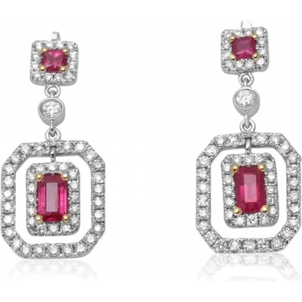 Roman & Jules - 14K White & Yellow Gold Ruby Drop Earrings with Round Diamond Halo - 1.56 Carat Total Diamond Weight