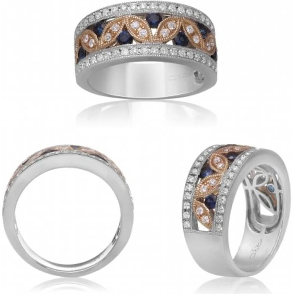 Roman & Jules - 14K White & Yellow Gold Sapphire and Diamond Milgrain Band Ring with Round Diamonds - 0.61 Carat Total Diamond Weight