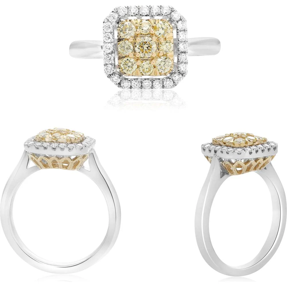 Roman & Jules - 14K White and Yellow Gold Square Diamond Cluster Ring with Halo - 0.66 Carat Total Diamond Weight