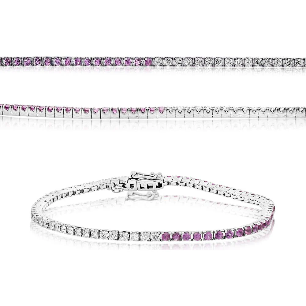 Roman & Jules - 14K White Gold 2-Carat Diamond & Pink Sapphire Tennis Bracelet with Prong Set Round Diamonds - 2.00 Carat Total Diamond Weight