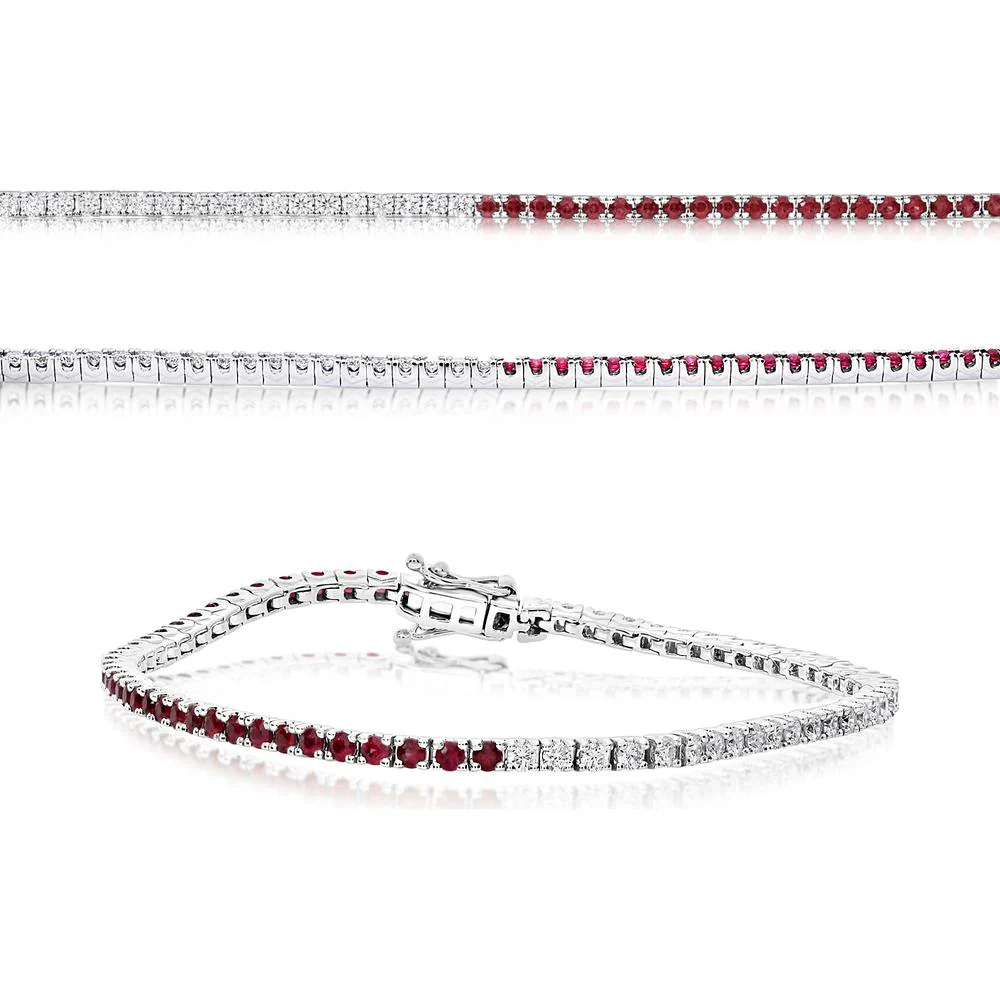 Roman & Jules - 14K White Gold 2-Carat Tennis Bracelet with Alternating Round White Diamonds and Rubies - 1.13 Carat Total Ruby Weight