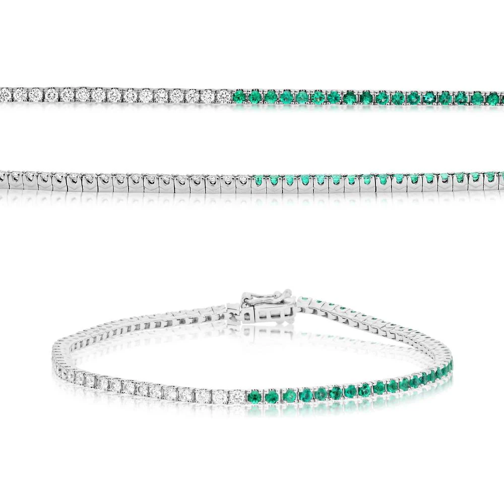 Roman & Jules - 14K White Gold 2-Carat Tennis Bracelet with Round Diamonds and Emeralds - 1.00 Carat Total Diamond Weight, 1.00 Carat Total Emerald Weight