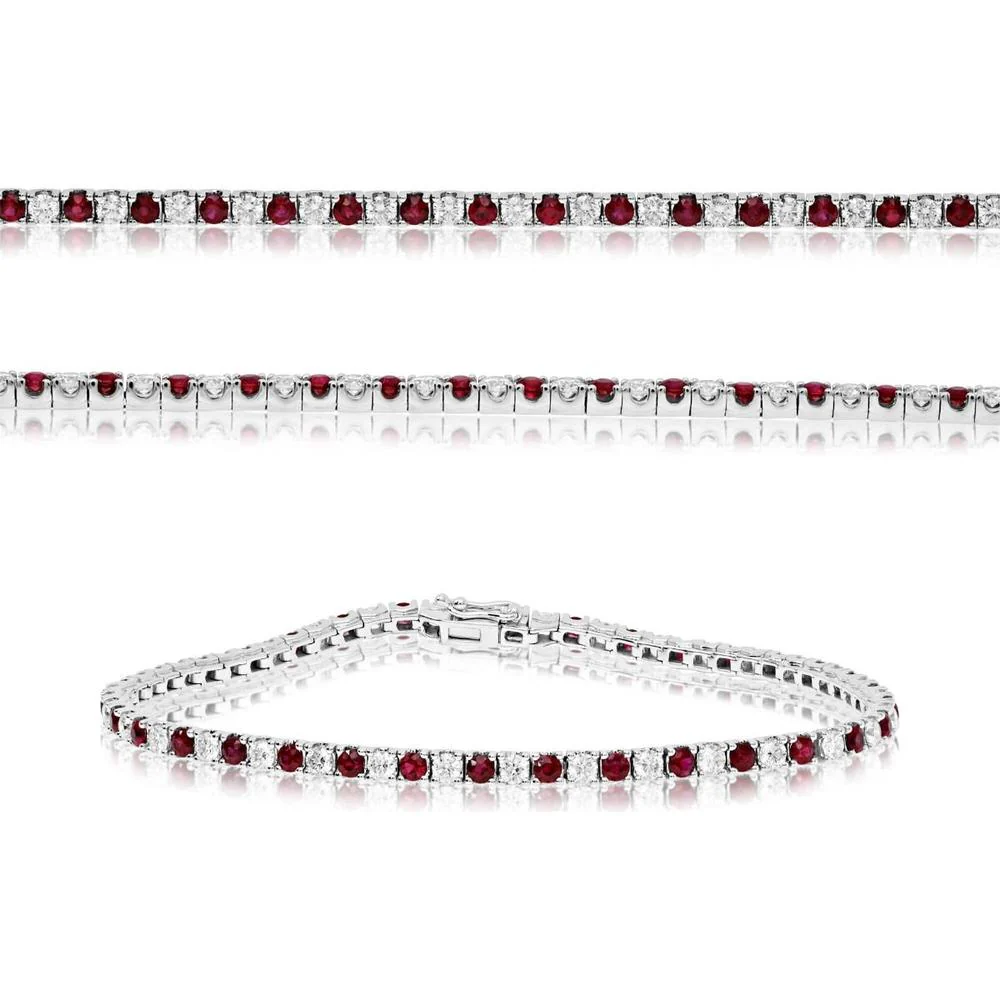 Roman & Jules - 14K White Gold 4-Carat Tennis Bracelet with Round Ruby and Diamond Prong Set - 2.30-2.35mm Stones