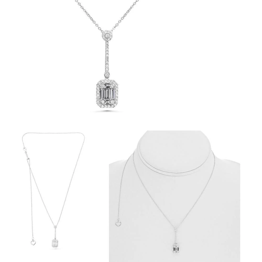 Roman & Jules - 14K White Gold Baguette and Round Diamond Cluster Necklace - 0.68 Carat Total Diamond Weight