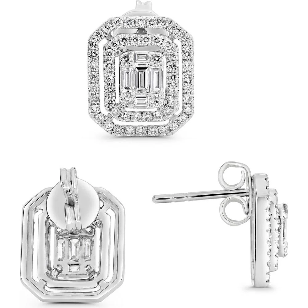 Roman & Jules - 14K White Gold Baguette and Round Diamond Stud Earrings - 1.30 Carat Total Diamond Weight