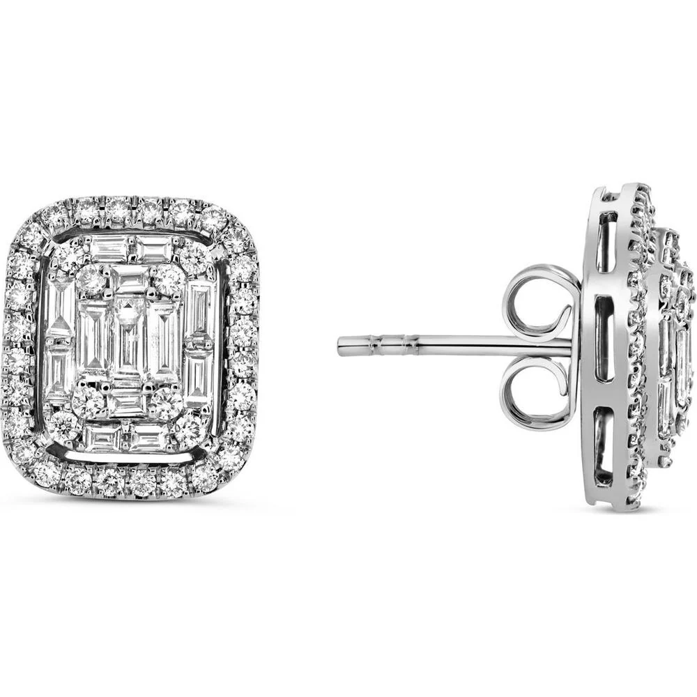 Roman & Jules - 14K White Gold Baguette and Round Diamond Stud Earrings - 1.48 Carat Total Diamond Weight