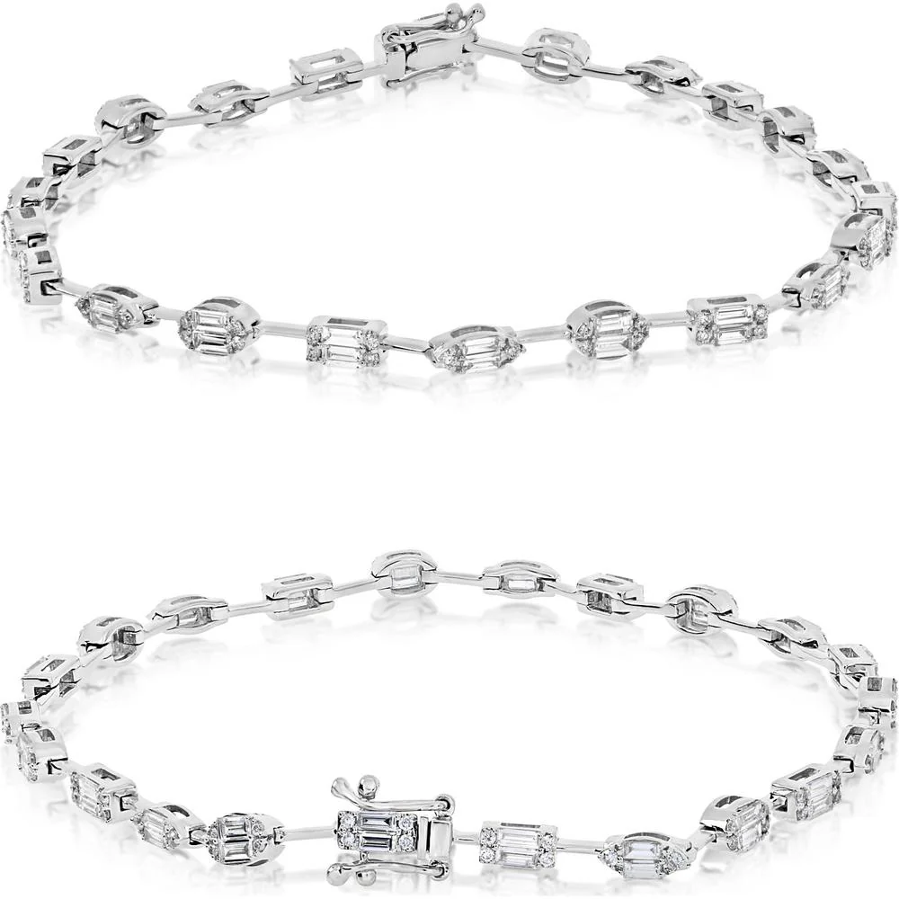 Roman & Jules - 14K White Gold Baguette and Round Diamond Tennis Bracelet - 1.30 Carat Total Diamond Weight