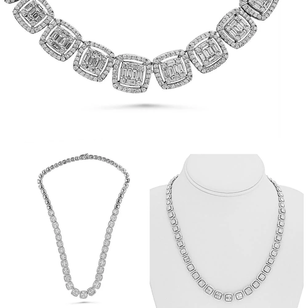 Roman & Jules - 14K White Gold Baguette Diamond Necklace with Round and Baguette Diamonds - 6.56 Carat Total Diamond Weight
