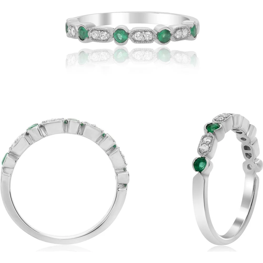 Roman & Jules - 14K White Gold Band Ring with Round Diamonds and Emeralds - 0.27 Carat Total Gem Weight