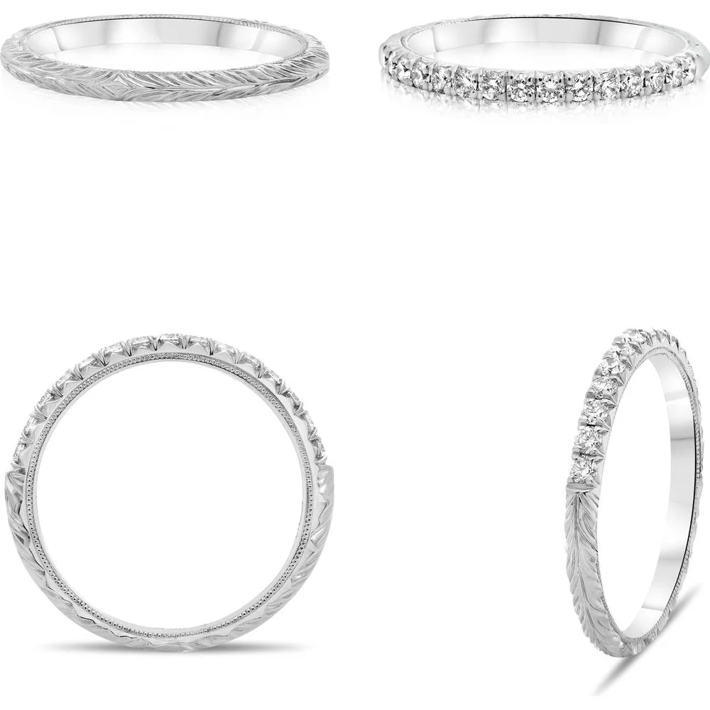 Roman & Jules - 14K White Gold Band with French Pave Set Round Diamonds - 0.56 Carat Total Diamond Weight