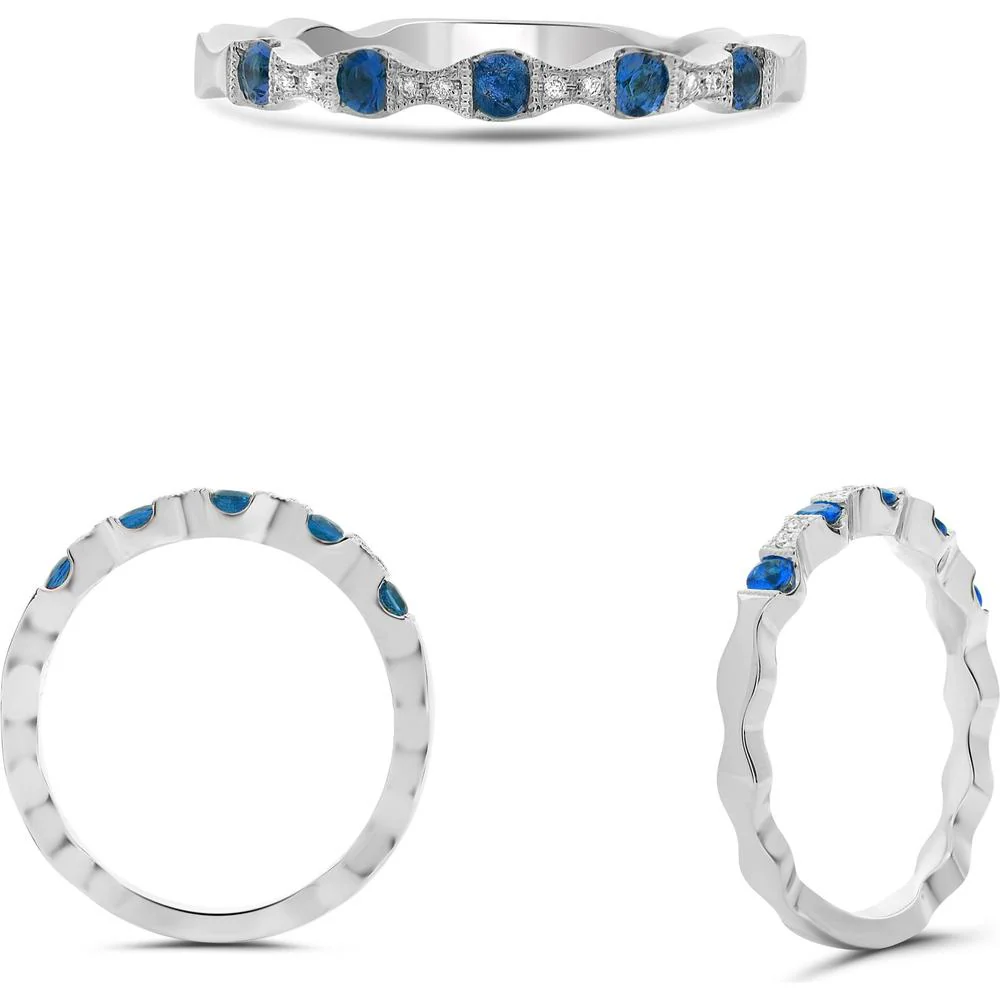 Roman & Jules - 14K White Gold Band with Round Sapphires and Diamonds - 0.28 Carat Total Sapphire Weight, 0.02 Carat Total Diamond Weight