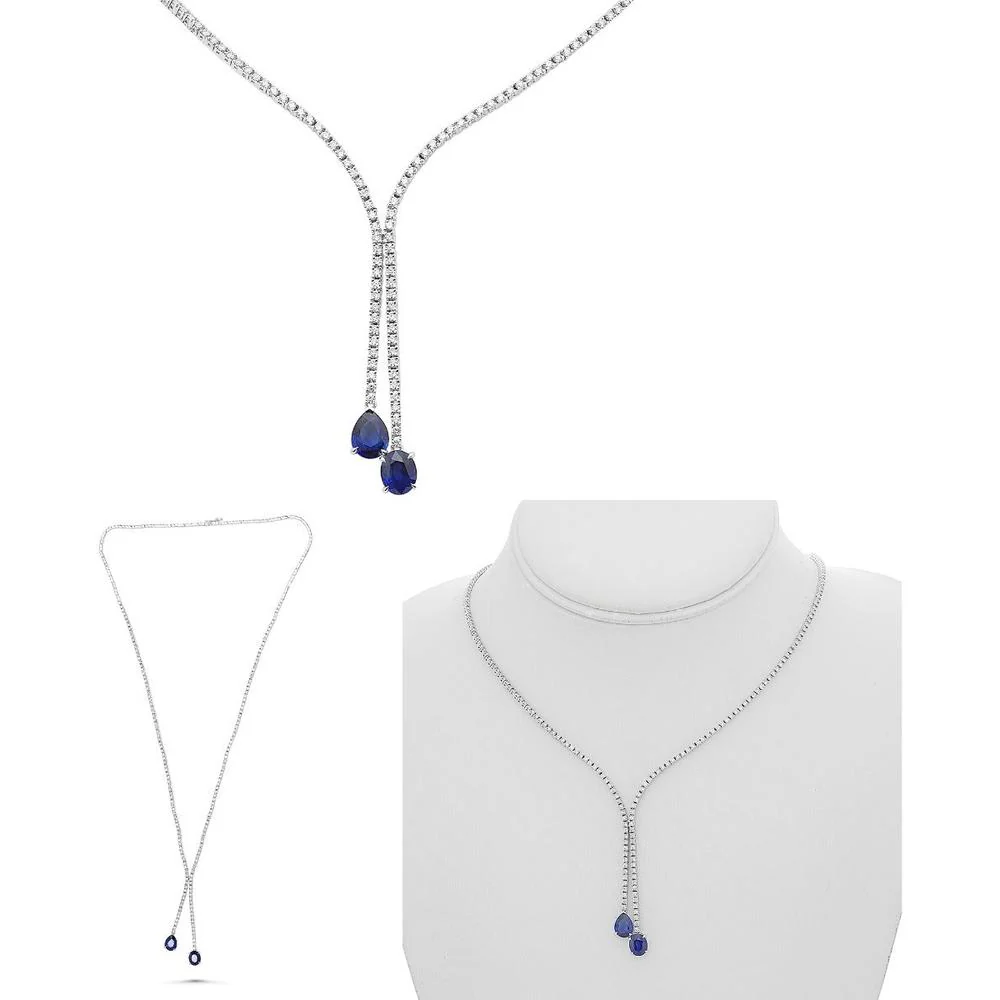 Roman & Jules - 14K White Gold Bolo Tie Necklace with 2.50 Carat Round Diamond and 2.32 Carat Total Pear-Shaped Sapphire