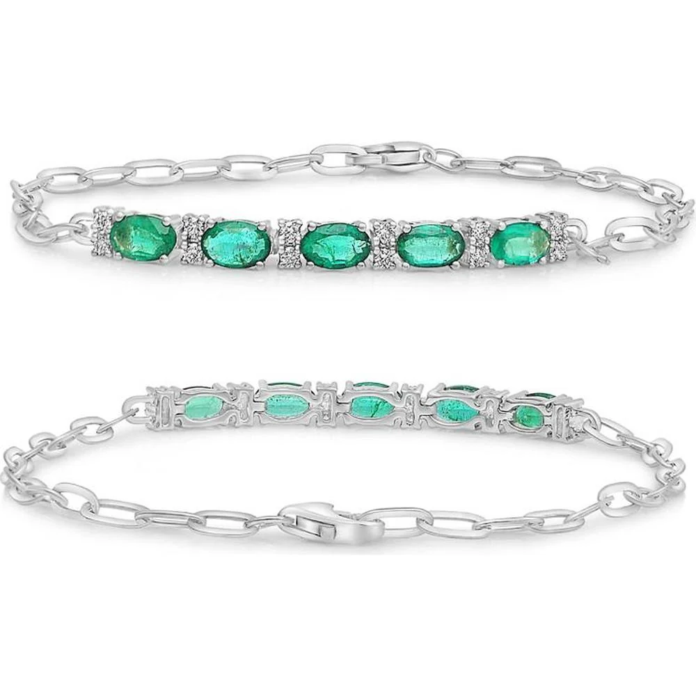 Roman & Jules - 14K White Gold Bracelet with Oval Emeralds and Round Diamonds - 1.15 Carat Total Emerald Weight