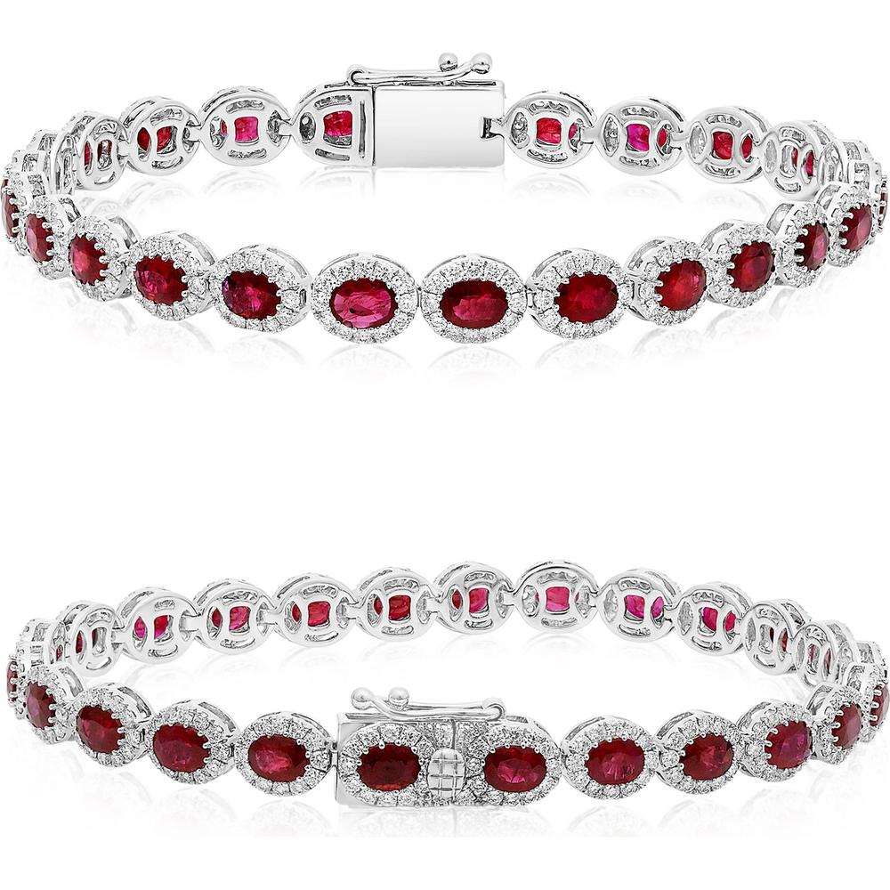 Roman & Jules - 14K White Gold Bracelet with Oval Rubies and Halo Set Round Diamonds - 6.00 Carat Total Ruby Weight
