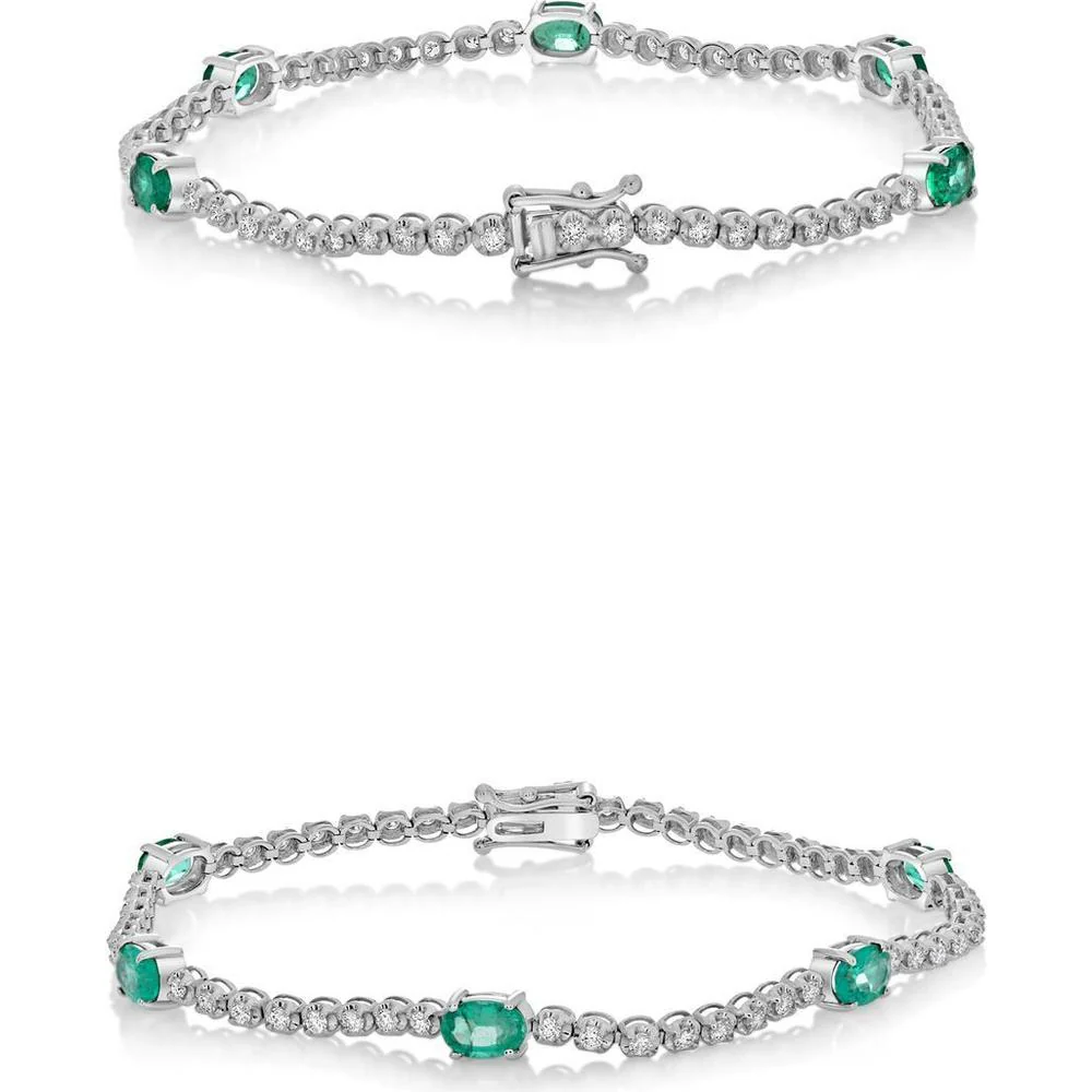 Roman & Jules - 14K White Gold Bracelet with Round Diamond and Oval Emeralds - 2.00 Carat Total Emerald Weight, 1.00 Carat Total Diamond Weight