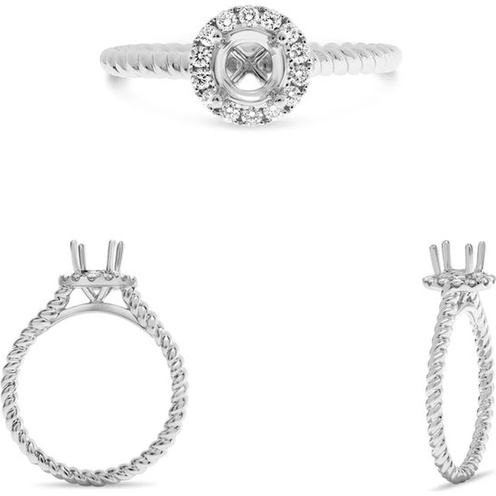 Roman & Jules - 14K White Gold Braided Shank Halo Engagement Ring with Round Diamonds - 0.16 Carat Total Diamond Weight