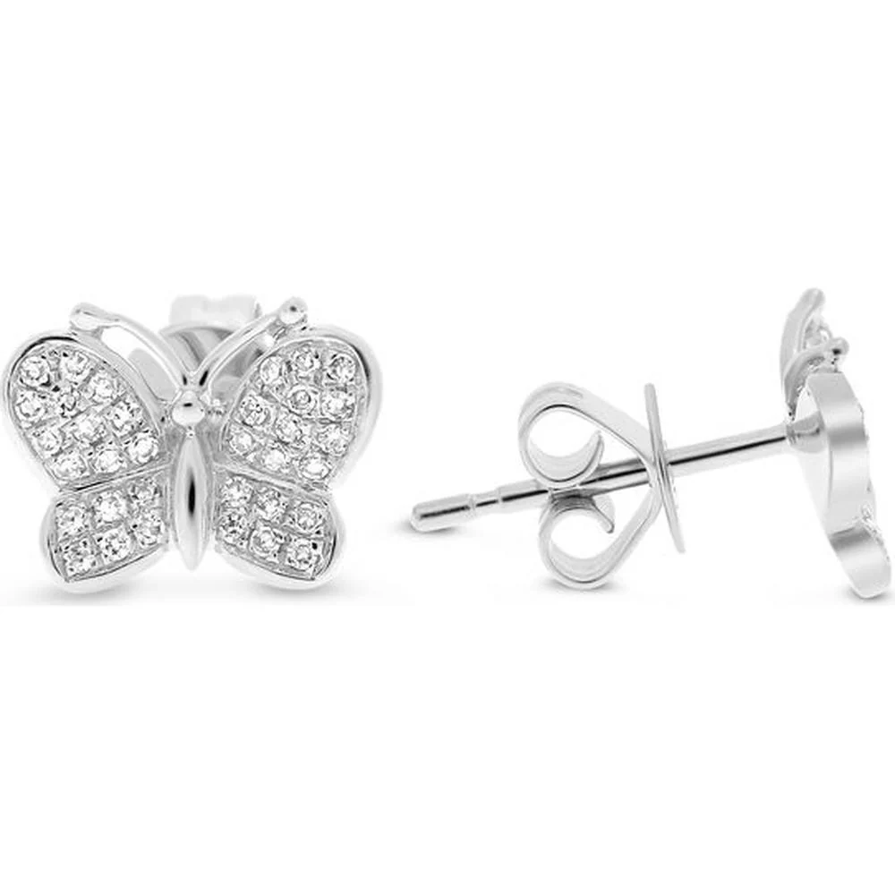 Roman & Jules - 14K White Gold Butterfly Stud Earrings with Round Diamonds - 0.15 Carat Total Diamond Weight