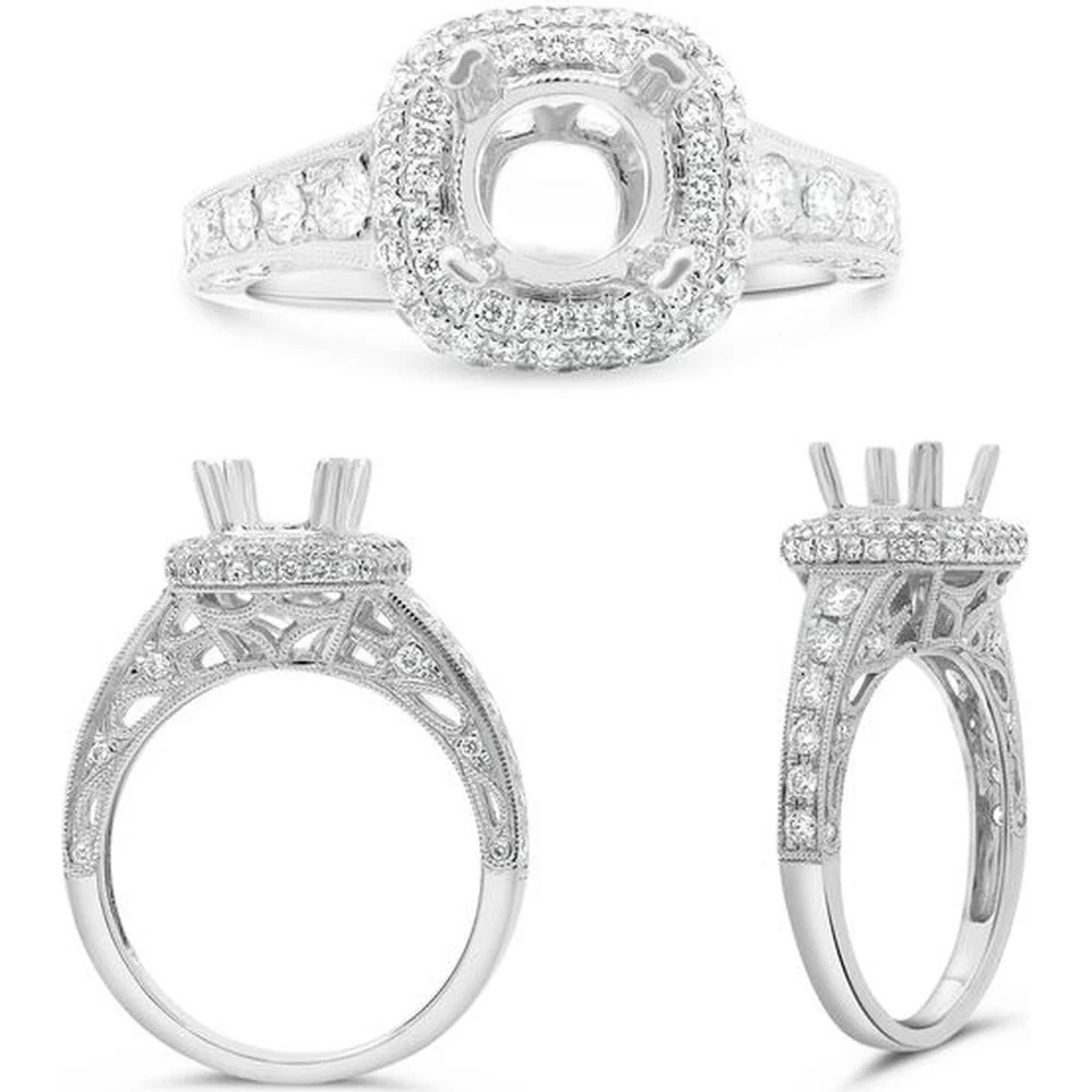 Roman & Jules - 14K White Gold Cascading Halo Engagement Ring with 0.75 Carat Round Diamond and Milgrain Detail