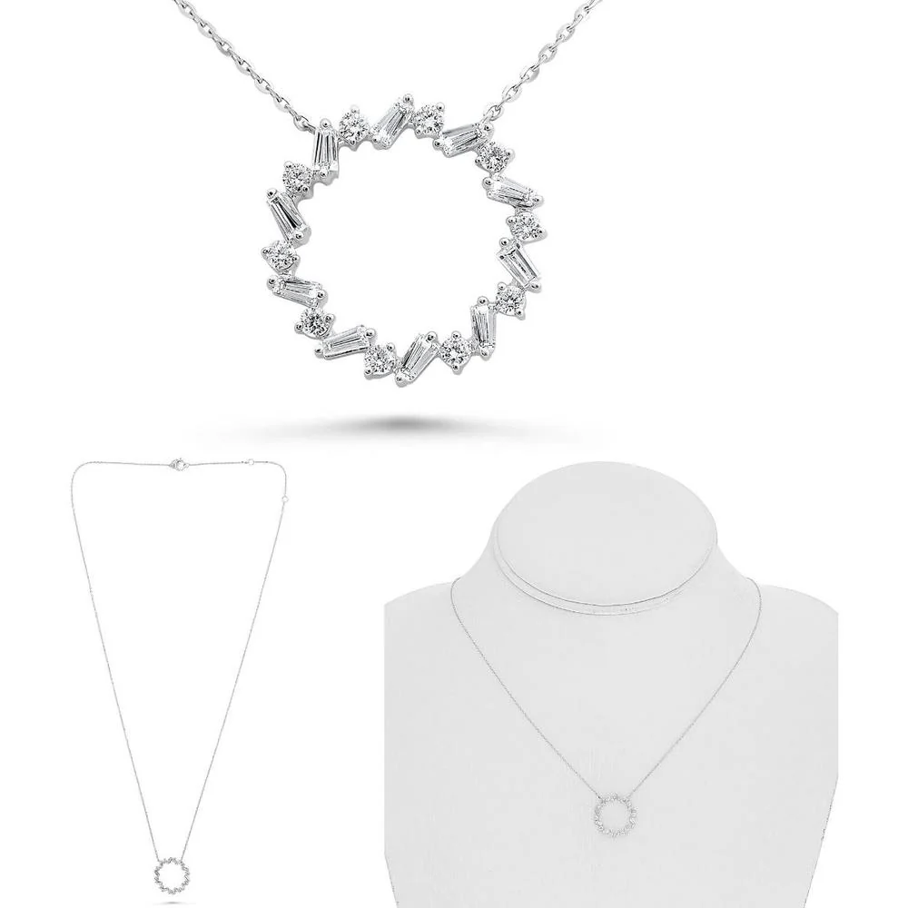 Roman & Jules - 14K White Gold Circle Pendant Necklace with Round and Baguette Diamonds - 0.38 Carat Total Diamond Weight