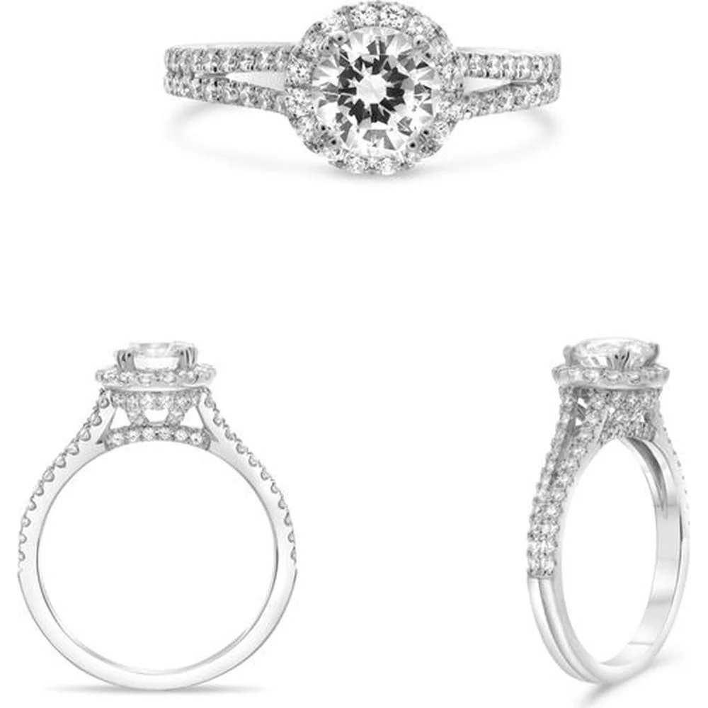 Roman & Jules - 14K White Gold Classic Halo Engagement Ring with Round Diamonds - 0.54 Carat Total Diamond Weight