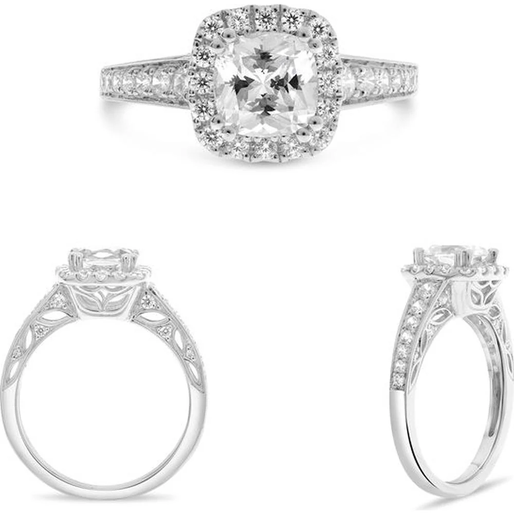 Roman & Jules - 14K White Gold Classic Halo Engagement Ring with Round Diamonds - 0.60 Carat Total Diamond Weight