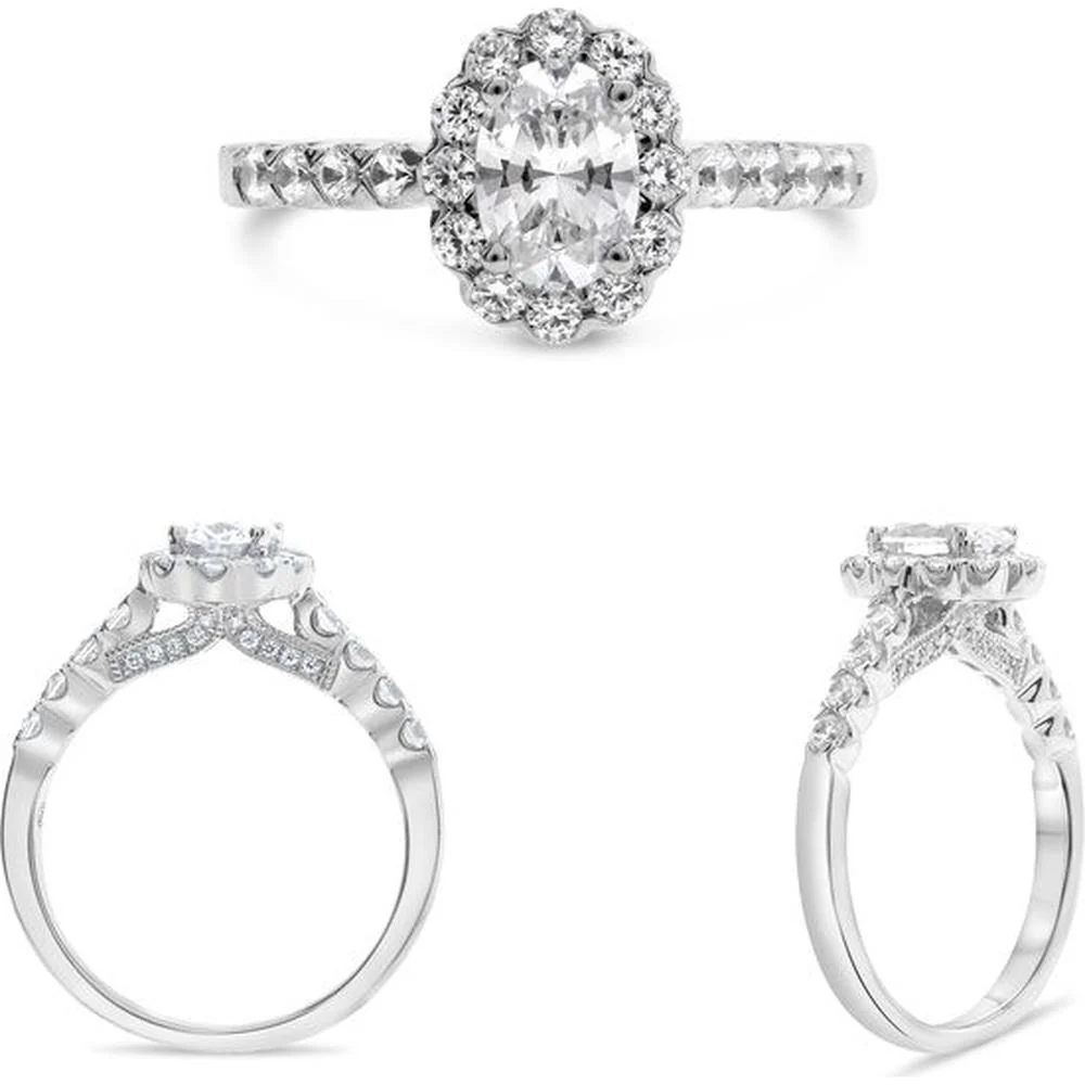 Roman & Jules - 14K White Gold Classic Halo Engagement Ring with Round Diamonds - 0.65 Carat Total Diamond Weight