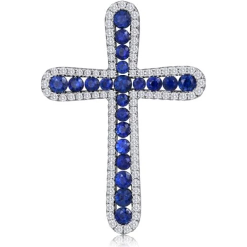 Roman & Jules - 14K White Gold Cross Pendant with Round Sapphire and Diamond Halo - 0.44 Carat Total Diamond Weight