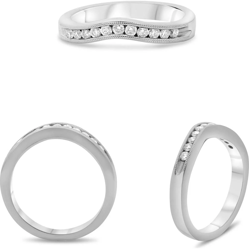 Roman & Jules - 14K White Gold Curved Band with Channel Set Round Diamonds - 0.25 Carat Total Diamond Weight
