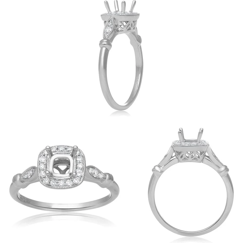 Roman & Jules - 14K White Gold Cushion Cut Diamond Halo Ring - 0.19 Carat Total Diamond Weight