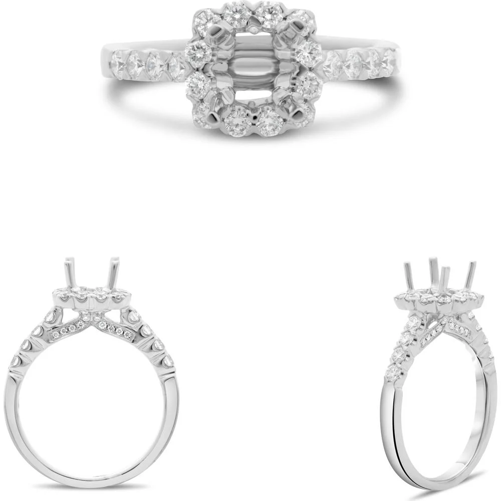 Roman & Jules - 14K White Gold Cushion Cut Diamond Halo Ring - 0.64 Carat Total Diamond Weight