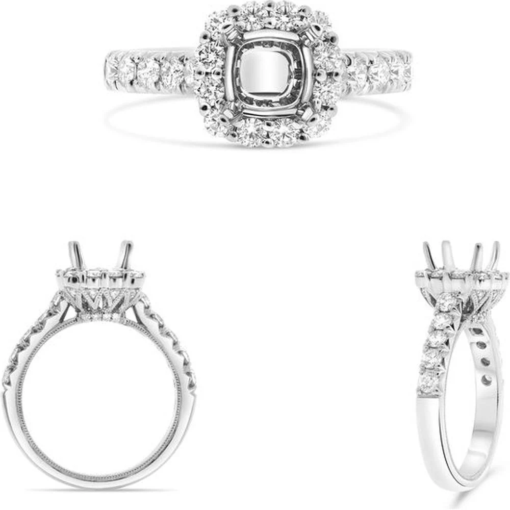 Roman & Jules - 14K White Gold Cushion Cut Diamond Halo Ring - 0.94 Carat Total Diamond Weight