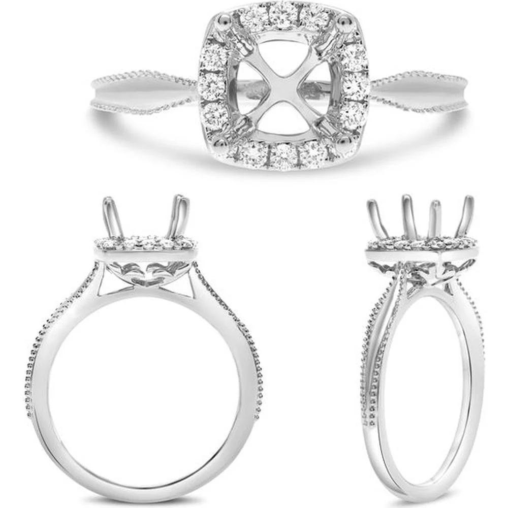 Roman & Jules - 14K White Gold Cushion-Cut Diamond Halo Ring with Round Accent Diamonds - 0.22 Carat Total Diamond Weight