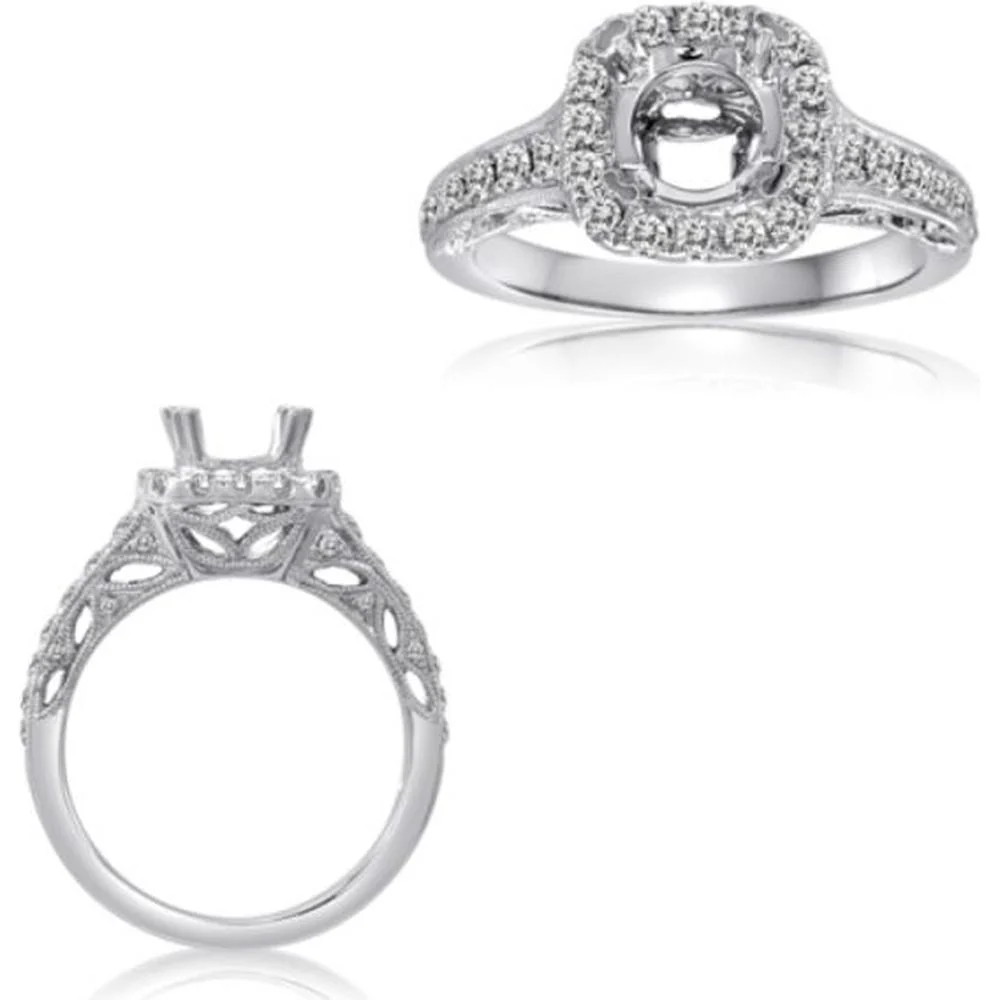 Roman & Jules - 14K White Gold Cushion Cut Diamond Halo Ring with Round Diamonds - 0.60 Carat Total Diamond Weight
