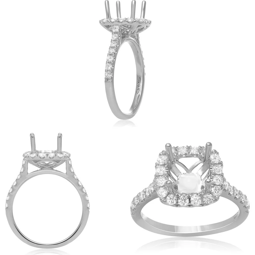 Roman & Jules - 14K White Gold Cushion Cut Diamond Halo Ring with Round Diamonds - 0.78 Carat Total Diamond Weight