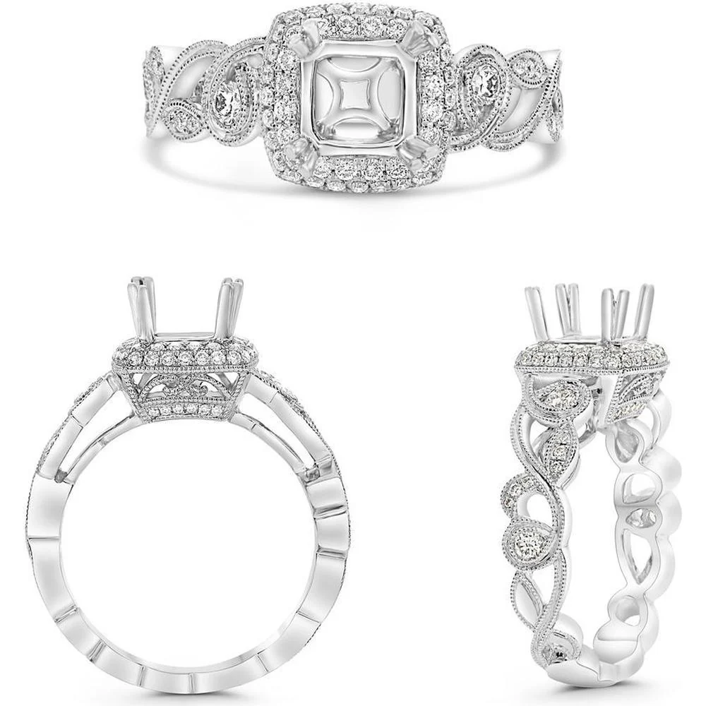 Roman & Jules - 14K White Gold Cushion Cut Diamond Ring with Double Halo - 0.49 Carat Total Diamond Weight