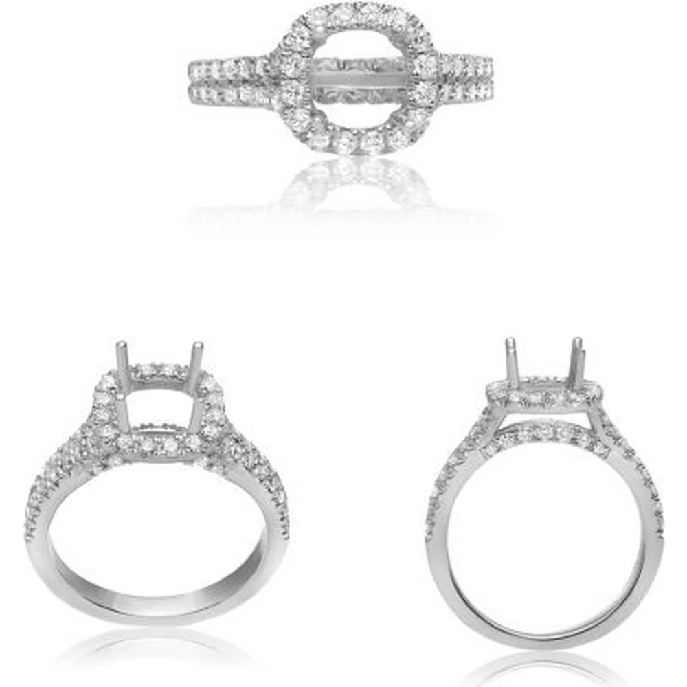 Roman & Jules - 14K White Gold Cushion Cut Halo Diamond Ring with French Pavé Setting - 0.78 Carat Total Diamond Weight