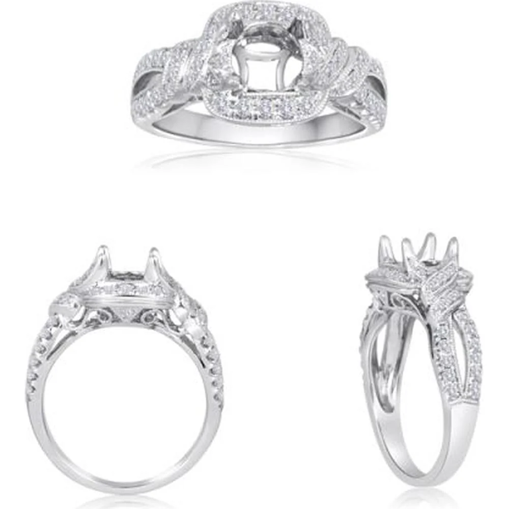 Roman & Jules - 14K White Gold Cushion Diamond Halo Ring with Split Shank - 0.49 Carat Total Diamond Weight