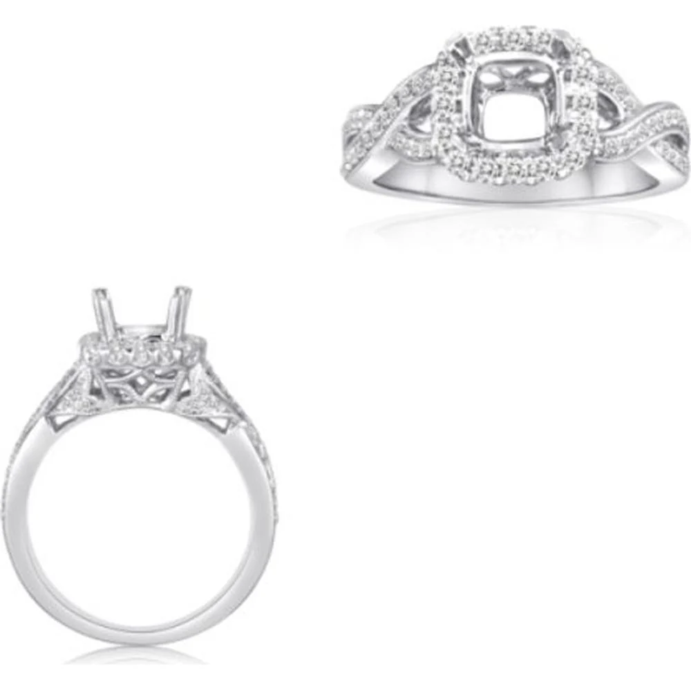 Roman & Jules - 14K White Gold Cushion Diamond Ring with Halo and Twist Shank - 0.42 Carat Total Diamond Weight