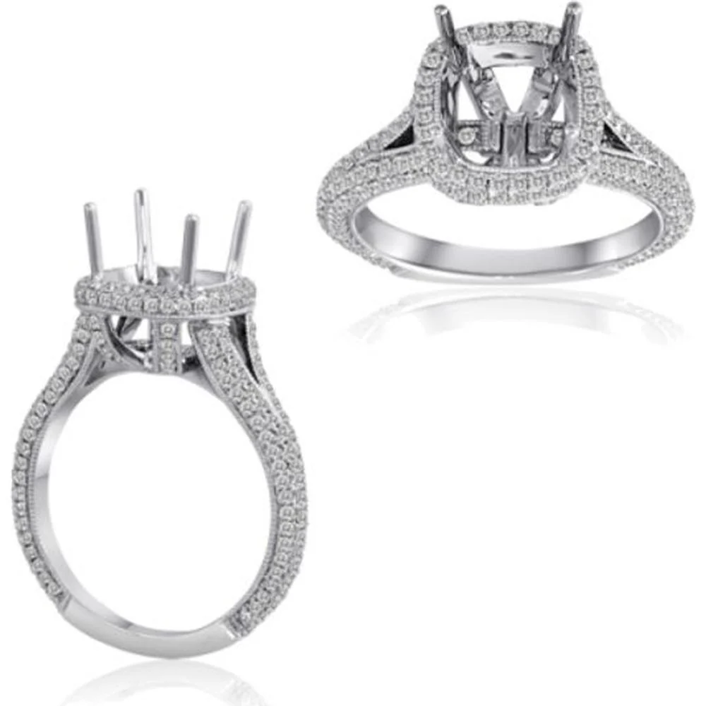 Roman & Jules - 14K White Gold Cushion Diamond Ring with Halo Design - 0.90 Carat Total Diamond Weight