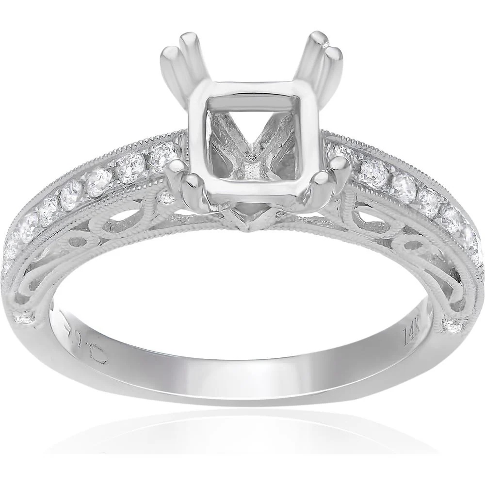 Roman & Jules - 14K White Gold Cushion Diamond Ring with Milgrain Detail - 0.31 Carat Total Diamond Weight