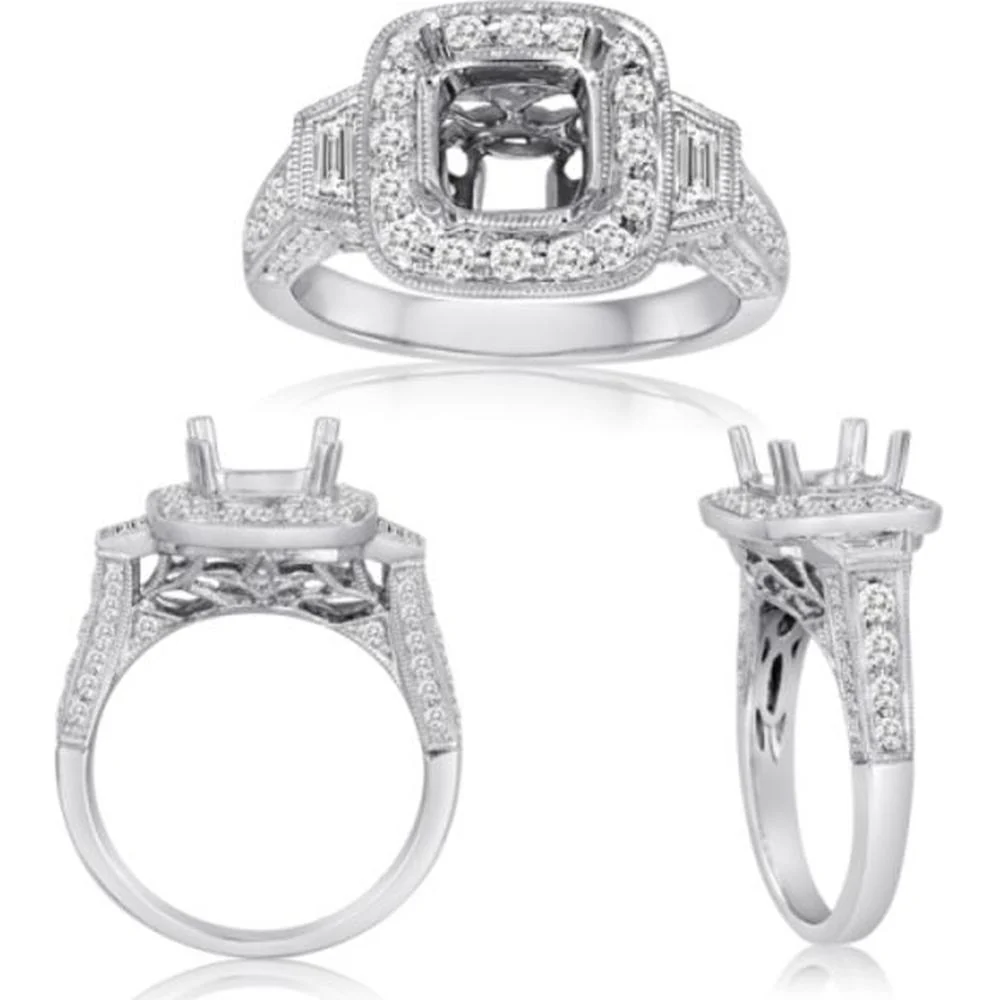 Roman & Jules - 14K White Gold Cushion Diamond Ring with Round and Baguette Diamonds - 0.85 Carat Total Diamond Weight