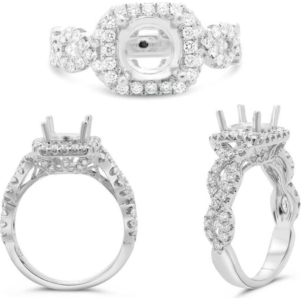 Roman & Jules - 14K White Gold Cushion Diamond Ring with Twist Shank and Halo Design - 0.70 Carat Total Diamond Weight