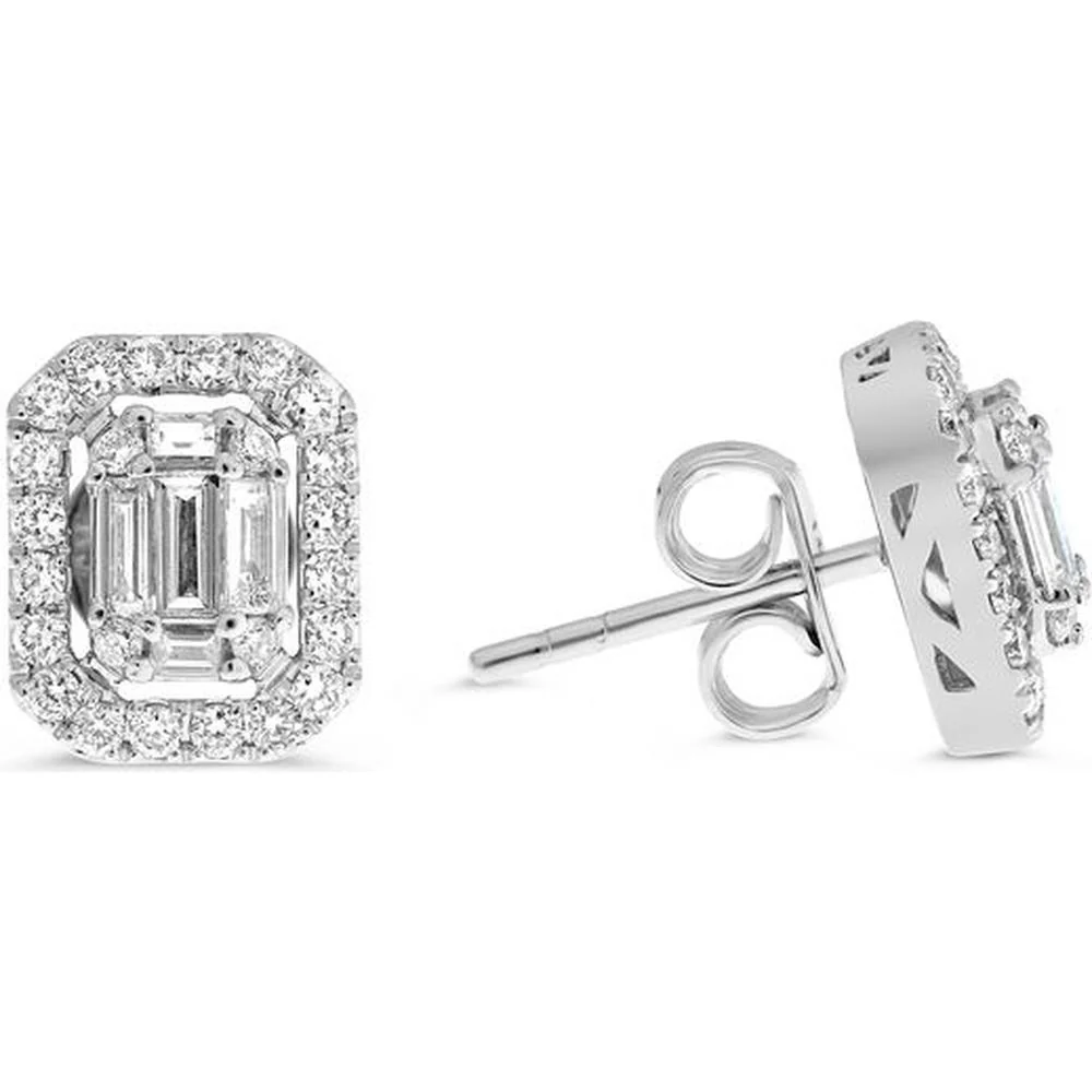 Roman & Jules - 14K White Gold Cushion Diamond Stud Earrings with Round and Baguette Diamonds - 0.72 Carat Total Diamond Weight