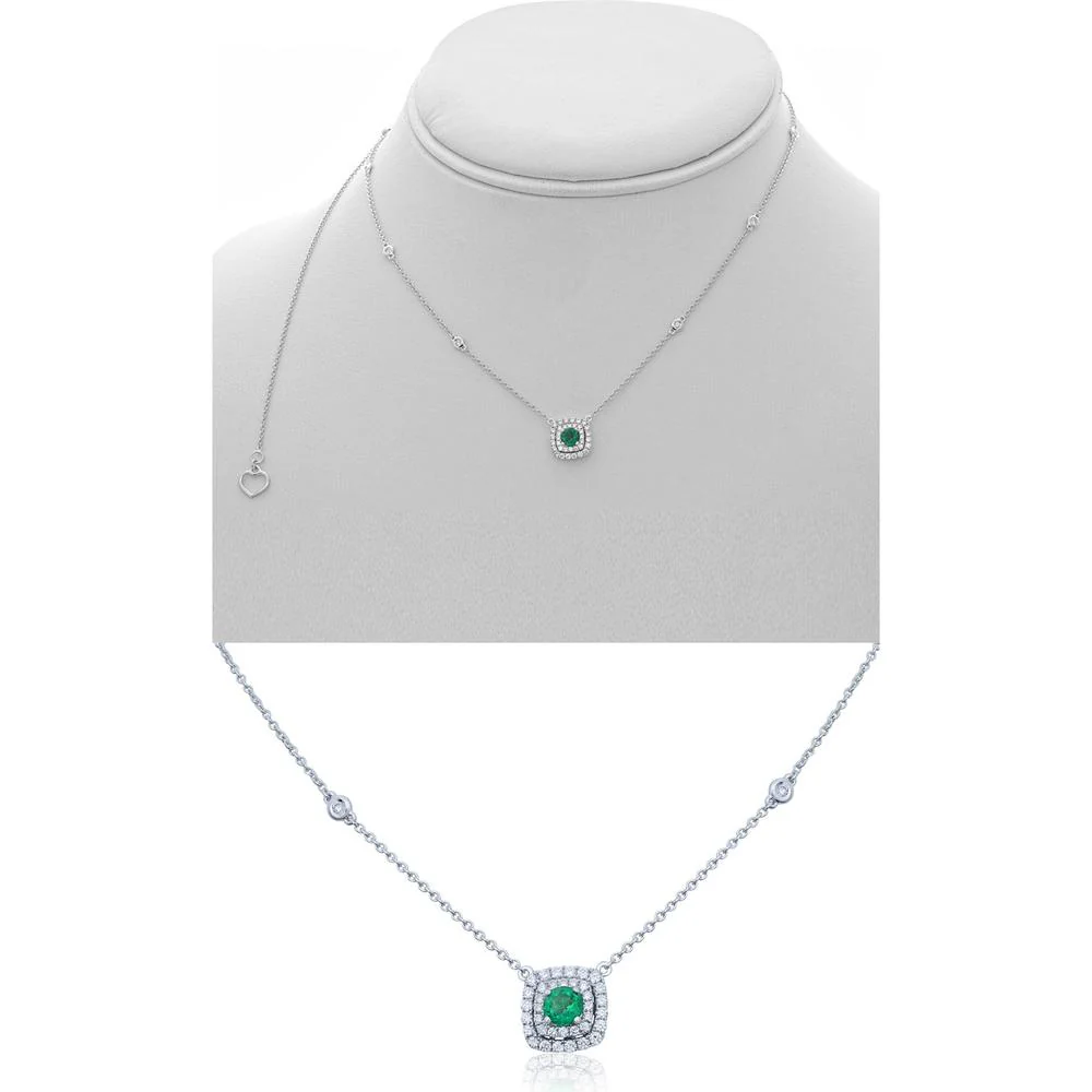 Roman & Jules - 14K White Gold Cushion Emerald Necklace with Round Diamond Halo - 0.22 Carat Emerald, 0.33 Carat Total Diamond Weight