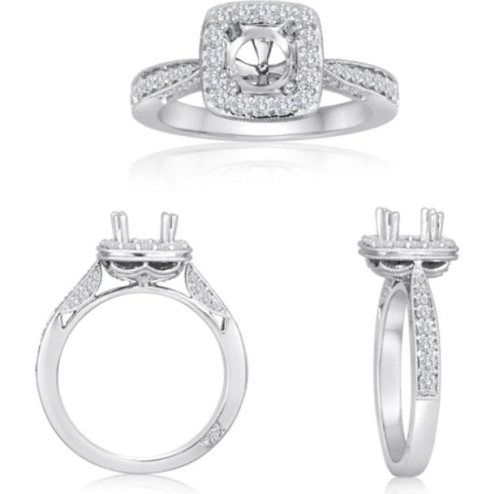Roman & Jules - 14K White Gold Cushion Halo Diamond Ring with 0.54 Carat Round Center Diamond